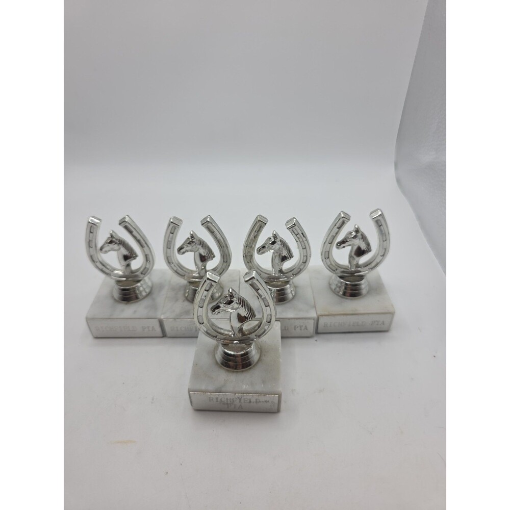 5 Pack HORSESHOE With Horse Silver TROPHY White MARBLE